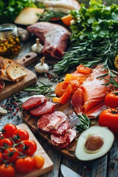 Farm vegetables, meat, fish on the table. Selective focus food