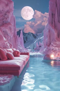 A pink couch is sitting on a table in a snowy mountain valley. The couch is surrounded by clouds and mountains, creating a serene and peaceful atmosphere