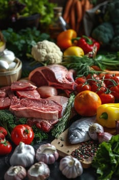 Farm vegetables, meat, fish on the table. Selective focus food