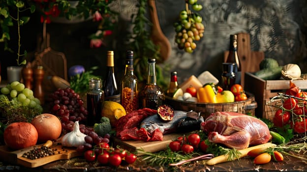 Farm vegetables, meat, fish on the table. Selective focus food