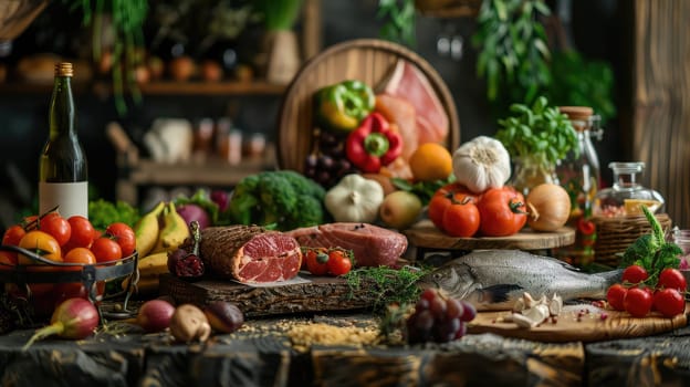 Farm vegetables, meat, fish on the table. Selective focus food