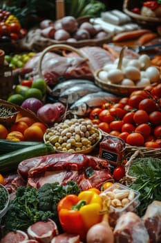 Farm vegetables, meat, fish on the table. Selective focus food