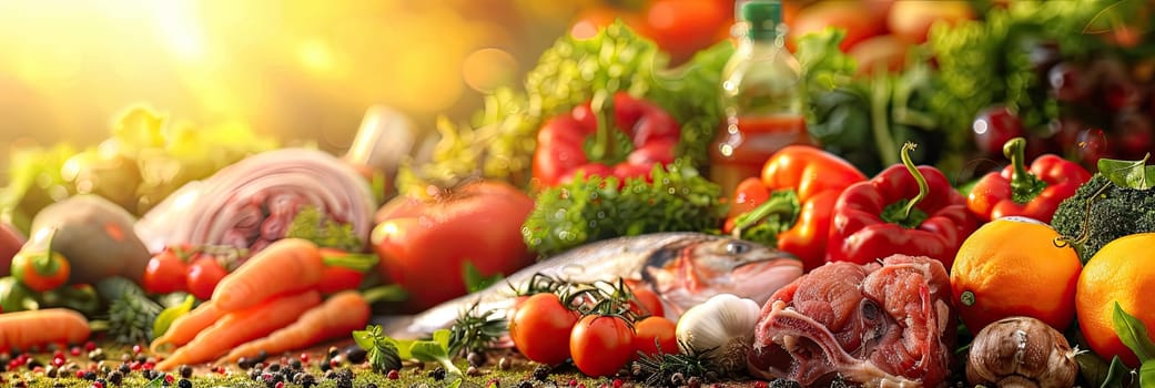 Farm vegetables, meat, fish on the table. Selective focus food