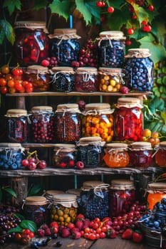 Preserving various jams in jars. Selective focus. Food.