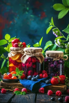 Preserving various jams in jars. Selective focus. Food.