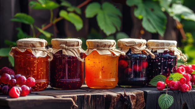 Preserving various jams in jars. Selective focus. Food.