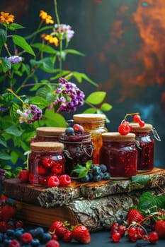 Preserving various jams in jars. Selective focus. Food.