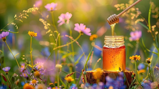 Jar of flower honey in the garden. Selective focus. food.