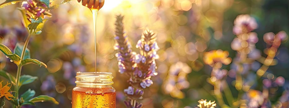 Jar of flower honey in the garden. Selective focus. food.