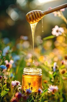 Jar of flower honey in the garden. Selective focus. food.