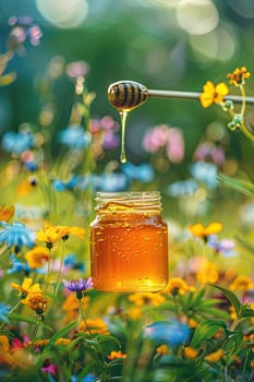 Jar of flower honey in the garden. Selective focus. food.