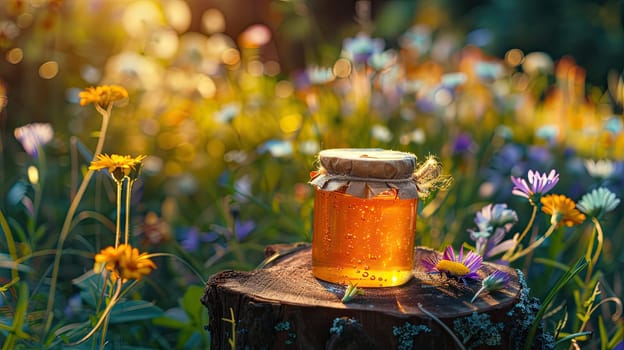 Jar of flower honey in the garden. Selective focus. food.