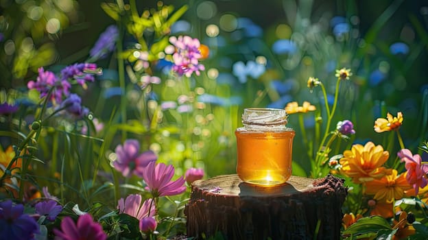 Jar of flower honey in the garden. Selective focus. food.