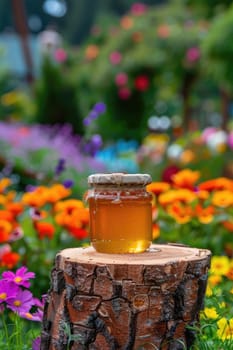 Jar of flower honey in the garden. Selective focus. food.