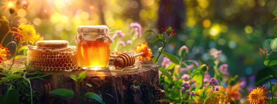 Jar of flower honey in the garden. Selective focus. food.