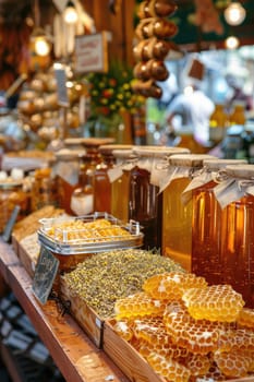 Honey and bee products on the market. Selective focus. food.