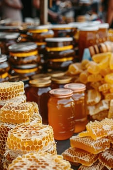 Honey and bee products on the market. Selective focus. food.