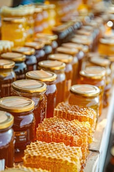 Honey and bee products on the market. Selective focus. food.