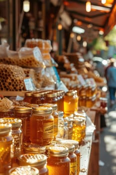 Honey and bee products on the market. Selective focus. food.