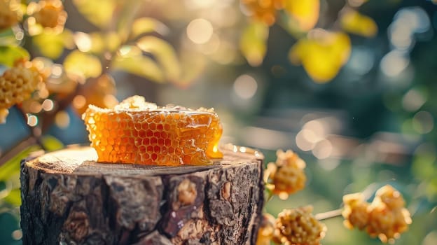 Jar of flower honey in the garden. Selective focus. food.