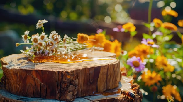 Jar of flower honey in the garden. Selective focus. food.