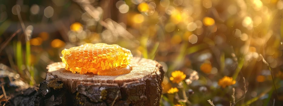 Jar of flower honey in the garden. Selective focus. food.