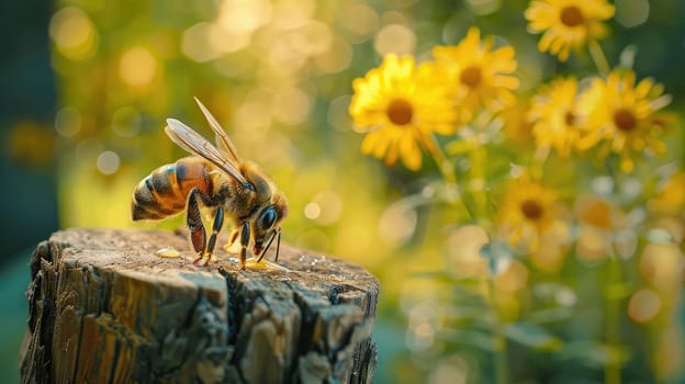 Jar of flower honey in the garden. Selective focus. food.