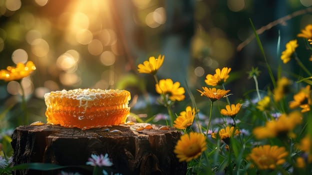 Jar of flower honey in the garden. Selective focus. food.