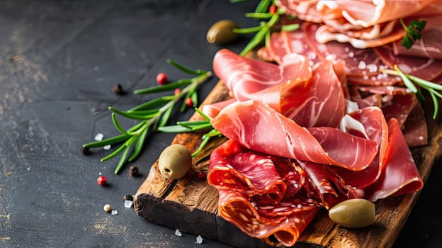 Slicing deli meats on a board. Selective focus. Food.