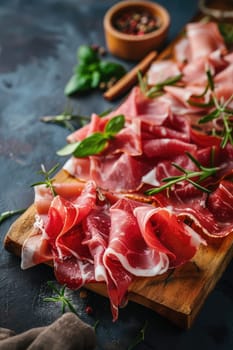 Slicing deli meats on a board. Selective focus. Food.