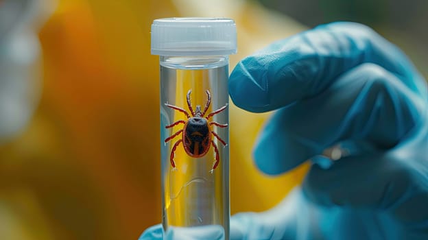 A tick in a test tube in the laboratory. Selective focus. Nature.