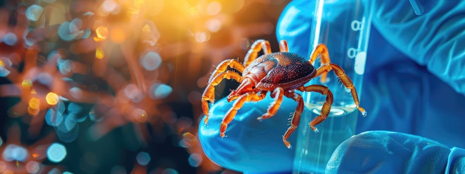 A tick in a test tube in the laboratory. Selective focus. Nature.