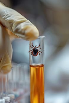 A tick in a test tube in the laboratory. Selective focus. Nature.