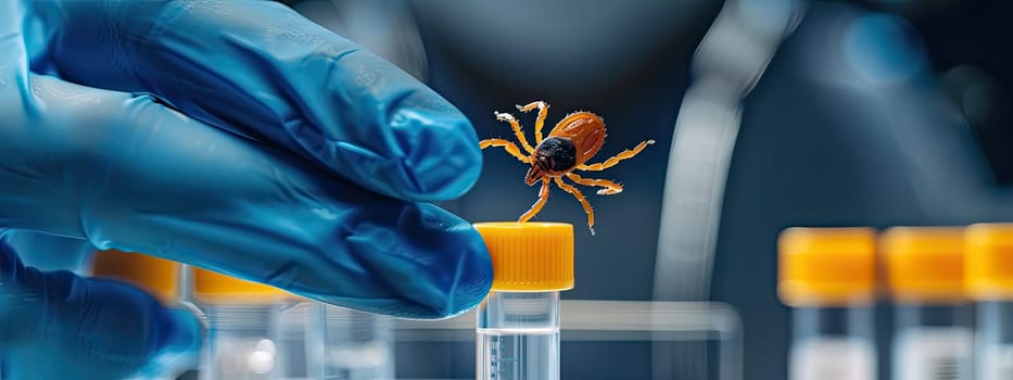 A tick in a test tube in the laboratory. Selective focus. Nature.