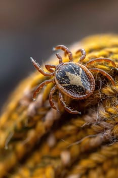 A tick in the park on clothes. Selective focus. Nature.