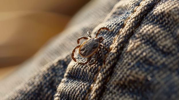 A tick in the park on clothes. Selective focus. Nature.