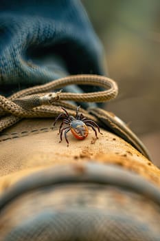 A tick in the park on clothes. Selective focus. Nature.