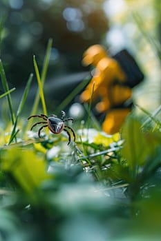 A man in a protective suit sprays the grass against ticks. Selective focus. nature.