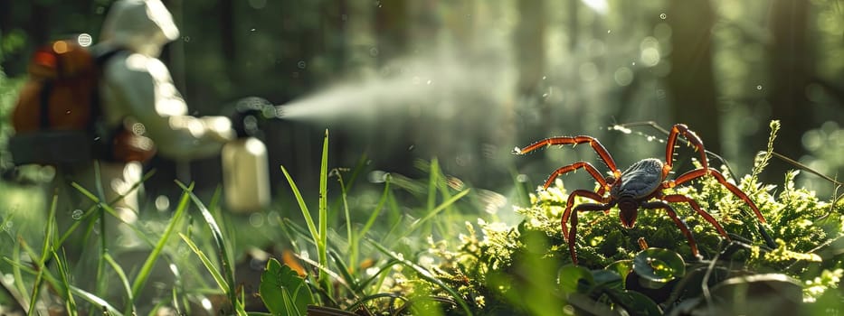 A man in a protective suit sprays the grass against ticks. Selective focus. nature.