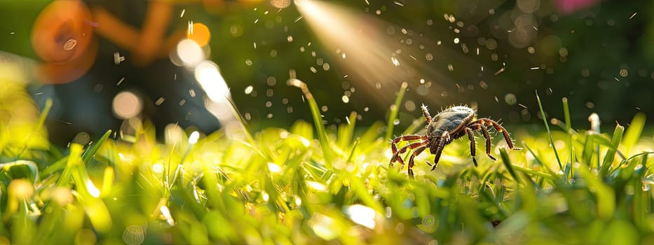 A man in a protective suit sprays the grass against ticks. Selective focus. nature.