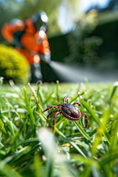 A man in a protective suit sprays the grass against ticks. Selective focus. nature.