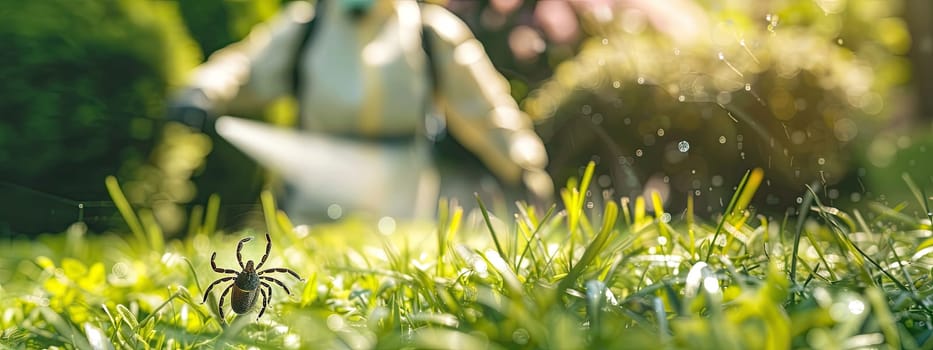 A man in a protective suit sprays the grass against ticks. Selective focus. nature.