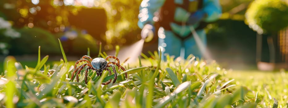 A man in a protective suit sprays the grass against ticks. Selective focus. nature.