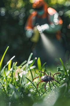 A man in a protective suit sprays the grass against ticks. Selective focus. nature.