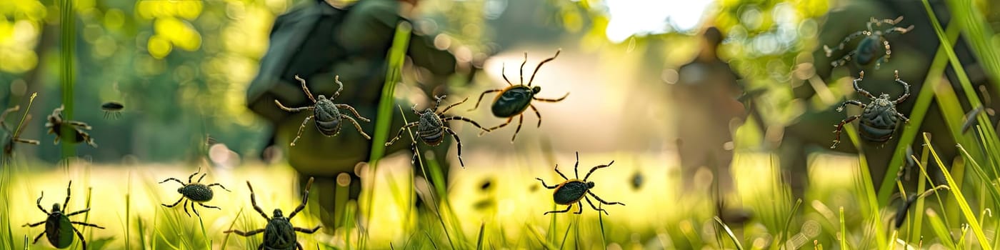 A man in a protective suit sprays the grass against ticks. Selective focus. nature.