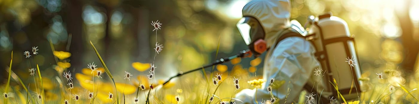 A man in a protective suit sprays the grass against ticks. Selective focus. nature.