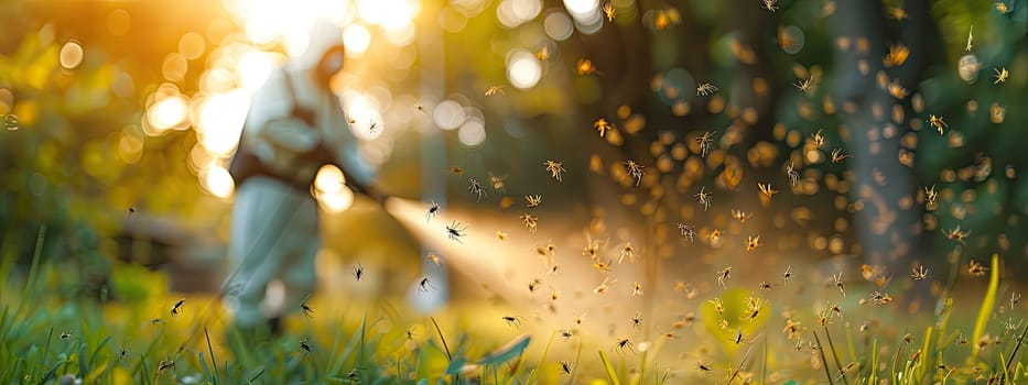 A man in a protective suit sprays the grass against ticks. Selective focus. nature.