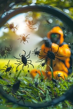 A man in a protective suit sprays the grass against ticks. Selective focus. nature.