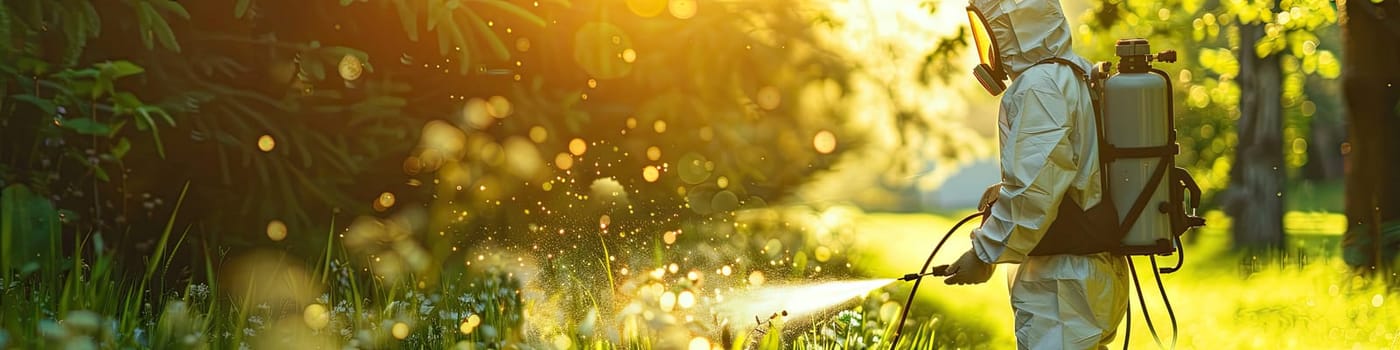 A man in a protective suit sprays the grass against ticks. Selective focus. nature.