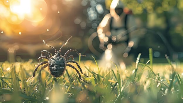 A man in a protective suit sprays the grass against ticks. Selective focus. nature.